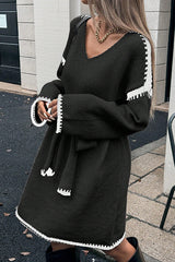 Stylish Loose-fitting Long-sleeved Tie-waist Knit Mini Dress