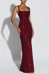 Calanthe Sequin Embellished Chiffon Ruched Square Neck Back Lace-up Maxi Dress