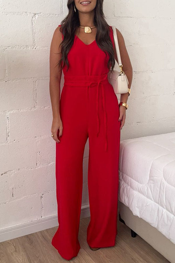 Elaris Linen Blend V-neck Tie-up Waist Pocketed H-line Wide Leg Jumpsuit