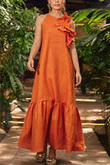 Solid Color Sleeveless Ruffled Casual Stitching Maxi Dress