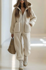 Stylish Plush Hooded Zip-up Casual Pocket Straight-leg Jumpsuit