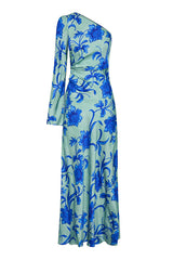 Satin Botanical Print One-Sleeve Resort Maxi Dress
