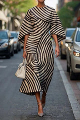 Unique Print Batwing Sleeve Waisted Casual Midi Dress