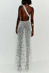 Sunshine Baby Knit Hollow Out Sequin One Shoulder Ring Detl Slit Cover-up Maxi Dress