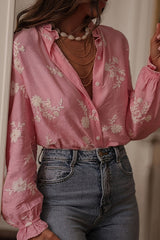 Floral Embroidery Long-Sleeved Button-Up Elegant Shirt