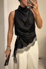 Nayla Satin Lace Trim High Neck Irregular Slit Hem Sleeveless Top