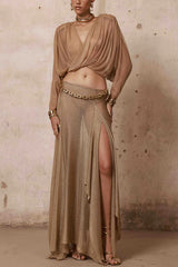 Dazzle Vacation Metallic Knit Long-sleeve Draped Crop Top and Mid Rise Irregular Slit Hem Maxi Skirt Set