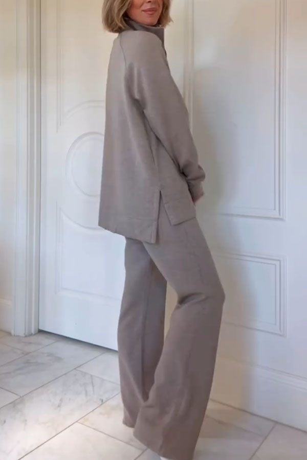 Alfia Ribbed Stand Zipper Neck Long Sleeve Sweatshirt and Button Elastic Waist Pocketed Loose Pants Set