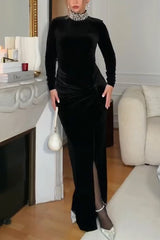 Love Lost Velvet Embellished High Neck Long Sleeve Twist Slit Maxi Dress