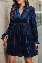Solid Color Velvet V-Neck Long Sleeve Loose Mini Dress