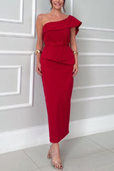 Sweet Party One Shoulder Lapel Neck Sleeveless Bow Belt Pencil Midi Dress