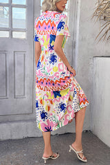 Bohemian Resort Style Print Casual Short Sleeve Button Midi Dress