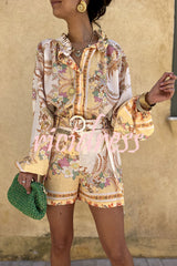 Botanical Print Palace Style Stand-up Collar Lantern Sleeve Loose Top and Casual Shorts Set