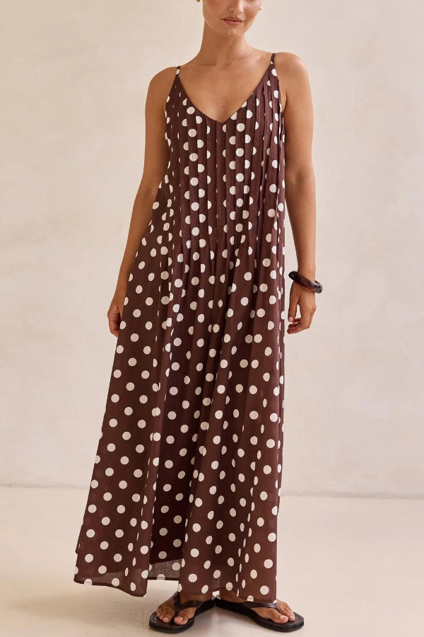 Polka Dot Print V-neck Pleated Casual Vacation Maxi Dress
