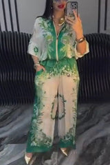 Unique Printed Casual Long-sleeved Loose Top and Elastic Waist Pocket Wide-leg Pants Set