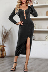 Casual V Neck Cutout Button Down Long Sleeve Slit Midi Dress