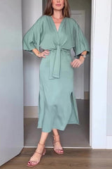 Solid Color V-neck Half-sleeve Casual Waist-tied Midi Dress