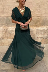 Unique Printed V-Neck Waisted Mesh Holiday Maxi Dress