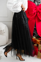 Party Daydream Sequin Tulle High Rise Elastic Waist Maxi Skirt