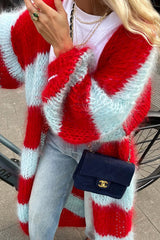 Fashionable Contrast Stripes Lazy Style Loose Long Knitted Cardigan