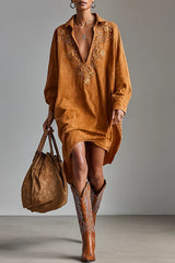 Fashionable Embroidered Loose Suede Long-sleeved Casual Mini Dress