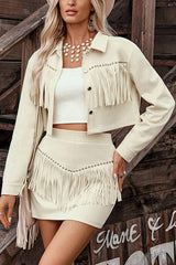 Stylish Suede Collared Long-sleeved Cropped Jacket and Elastic Wst Casual Tassel Mini Skirt Set