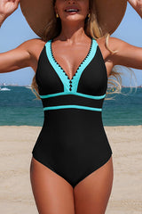 Stylish Color-blocked V-neck Stretch One-piece Swimsuit
