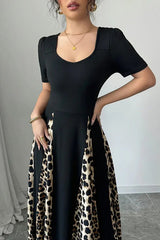 Fashionable Leopard Print Patchwork Slim Short-sleeved Maxi Dress