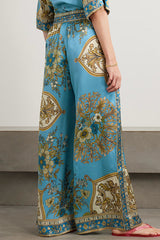 Satin Floral Print Loose Shirt and Elastic Waist Pocket Casual Wide-leg Pants