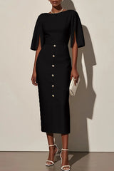 Solid Color Round Neck Slit Sleeve Waist Button Decoration Midi Dress