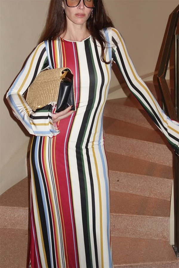 Vibrant Holiday Colorful Striped Print Extra Long Sleeve Fitted Flared Maxi Dress