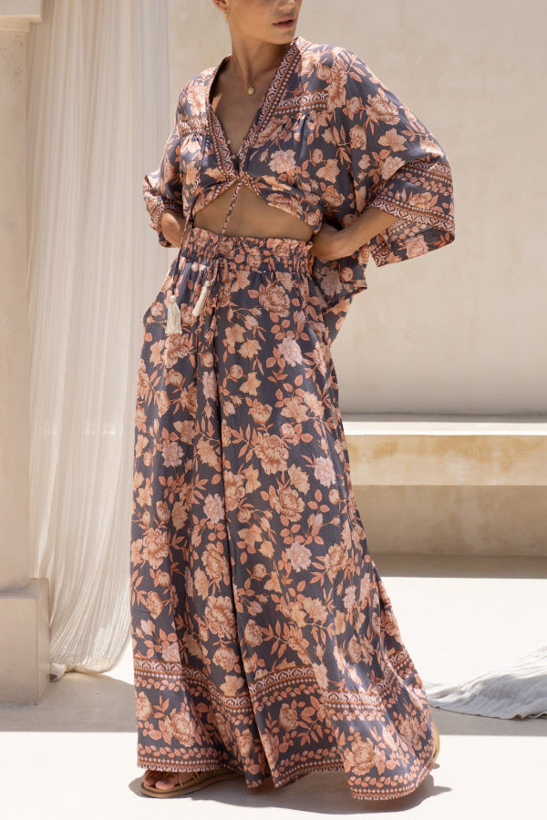 Floral Print Casual Elastic Waist Pocket Loose Wide-leg Pants