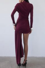 Solid Color Long-sleeved Pleated Slim-fit Elegant Ribbon Mini Dress