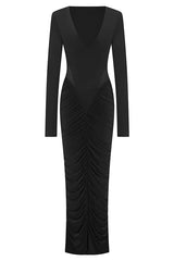 Sexy See-through Long-sleeved V-neck Pleated Slim-fit Maxi Dress