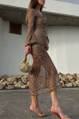 Fashion Sequined Hollow V-neck Long-sleeved Holiday Midi Dress