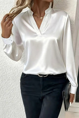 Solid Color Satin Loose V-neck Long-sleeved Casual Shirt