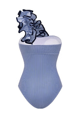 Striped Print One-Shoulder 3D Floral Elastic One-Piece Swimsuit