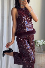 Gala Goddess Sequin Faux Fur Trim Crew Neck Sleeveless Loose Top