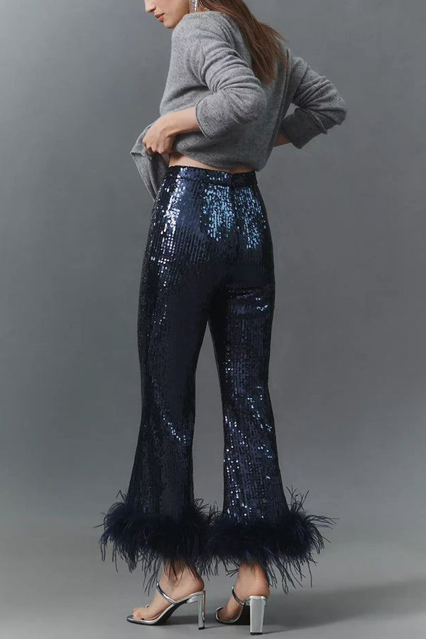 New Year Eve Sequin Feather Trim High Rise Back Zipper Flare Pants