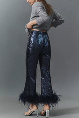 New Year Eve Sequin Feather Trim High Rise Back Zipper Flare Pants