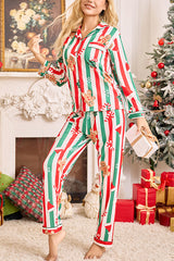 Color-blocked Striped Christmas Print Casual Long-sleeved Shirt and Elastic Waist Pants Set