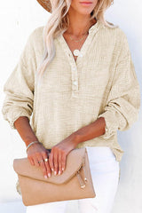 Solid Color Long Sleeve Pleated Button Loose Top