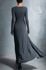 Solid Color Long-sleeved Slim-fit Knot Decoration Maxi Dress