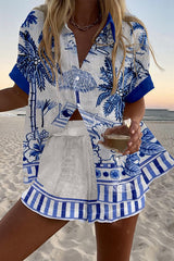 Summer Beach Print Loose Button Elastic Waist Shorts Set