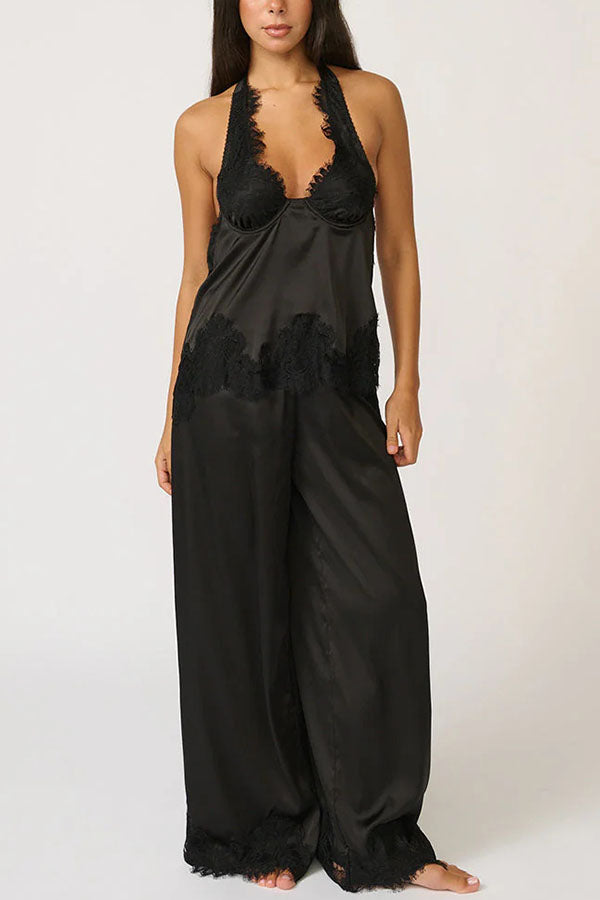 Elegant Morning Satin Lace Trim Halter Tie-up Tank and Elastic Waist Loose Pants Set