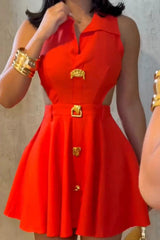 Fashion Sleeveless Lapel Metal Button Waist Cutout Mini Dress