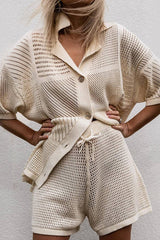 Solid Color Casual Cutout Button Shirt and Elastic Waist Drawstring Shorts Set