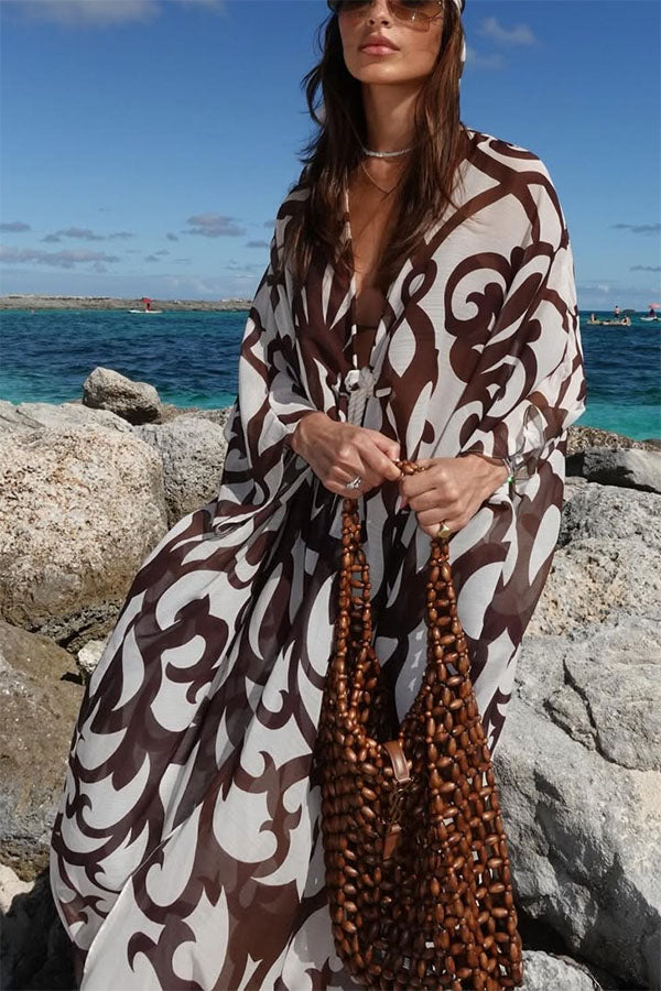 Summer Day Unique Print Rope Knotted Batwing Sleeve Oversized Cover-up Dress