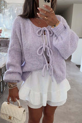 Solid Color Long-sleeved V-neck Lace-up Loose Knitted Sweater