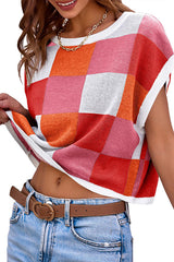 Fashionable Checkerboard Color Block Short-sleeved Loose Sweater